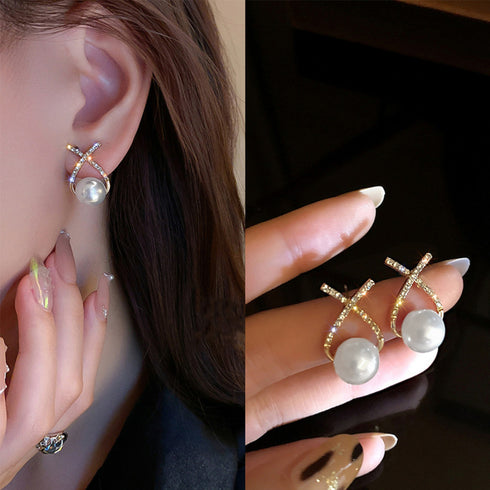 クロス ピアス フェイクパール 大粒 韓国 ファッション キラキラ ピアス レディース エレガント 上品 清楚 女性 パーティー アクセサリー スタイリッシュ 80XIAOHAN-003