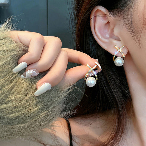 クロス ピアス フェイクパール 大粒 韓国 ファッション キラキラ ピアス レディース エレガント 上品 清楚 女性 パーティー アクセサリー スタイリッシュ 80XIAOHAN-003