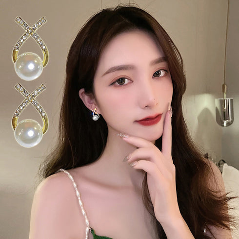 クロス ピアス フェイクパール 大粒 韓国 ファッション キラキラ ピアス レディース エレガント 上品 清楚 女性 パーティー アクセサリー スタイリッシュ 80XIAOHAN-003