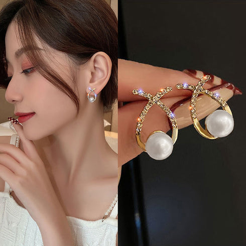 クロス ピアス フェイクパール 大粒 韓国 ファッション キラキラ ピアス レディース エレガント 上品 清楚 女性 パーティー アクセサリー スタイリッシュ 80XIAOHAN-003