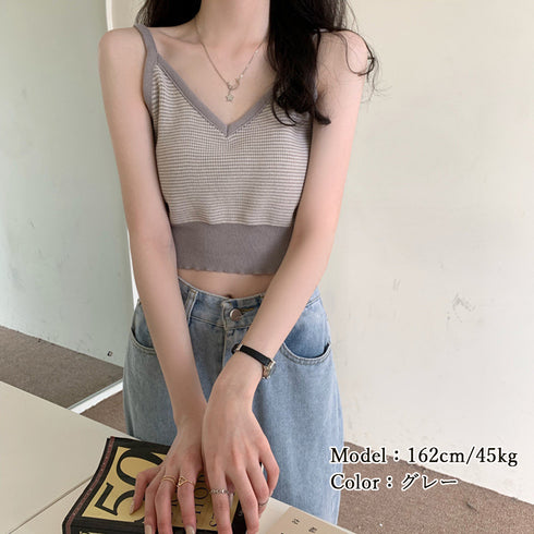 キャミソール ボーダー柄 ショート丈 レディース タンクトップ へそ出し サマーニット ノースリーブ インナー 重ね着 ニットトップス かわいい ニットキャミ 80XINSIYA-004