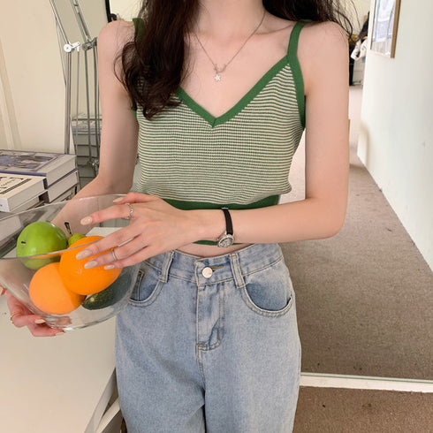 キャミソール ボーダー柄 ショート丈 レディース タンクトップ へそ出し サマーニット ノースリーブ インナー 重ね着 ニットトップス かわいい ニットキャミ 80XINSIYA-004