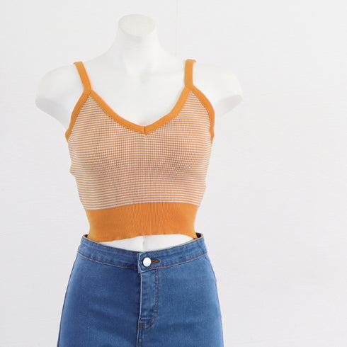 キャミソール ボーダー柄 ショート丈 レディース タンクトップ へそ出し サマーニット ノースリーブ インナー 重ね着 ニットトップス かわいい ニットキャミ 80XINSIYA-004