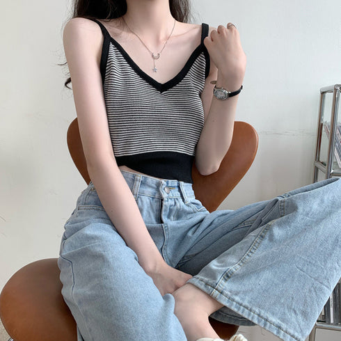 キャミソール ボーダー柄 ショート丈 レディース タンクトップ へそ出し サマーニット ノースリーブ インナー 重ね着 ニットトップス かわいい ニットキャミ 80XINSIYA-004
