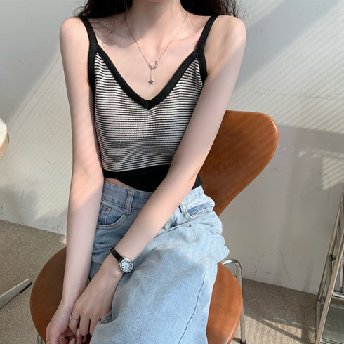 キャミソール ボーダー柄 ショート丈 レディース タンクトップ へそ出し サマーニット ノースリーブ インナー 重ね着 ニットトップス かわいい ニットキャミ 80XINSIYA-004