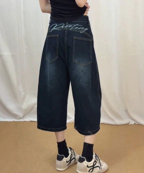 刺しゅうロゴ バルーンワイドデニムパンツ レディース 韓国風 デニムカーブパンツ バギーデニム バレルパンツストリート 体型カバー 個性派ボトムス コクーンパンツ 80XIRUI-001