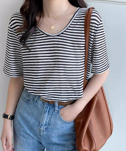 ボーダー柄Tシャツ Vネックカットソー夏 レディース 冷感タッチ 半袖トップス韓国風 大人カジュアルtシャツ 大人可愛い プルオーバー 涼やか 着回し夏服きれいめ 80XJIAO-001