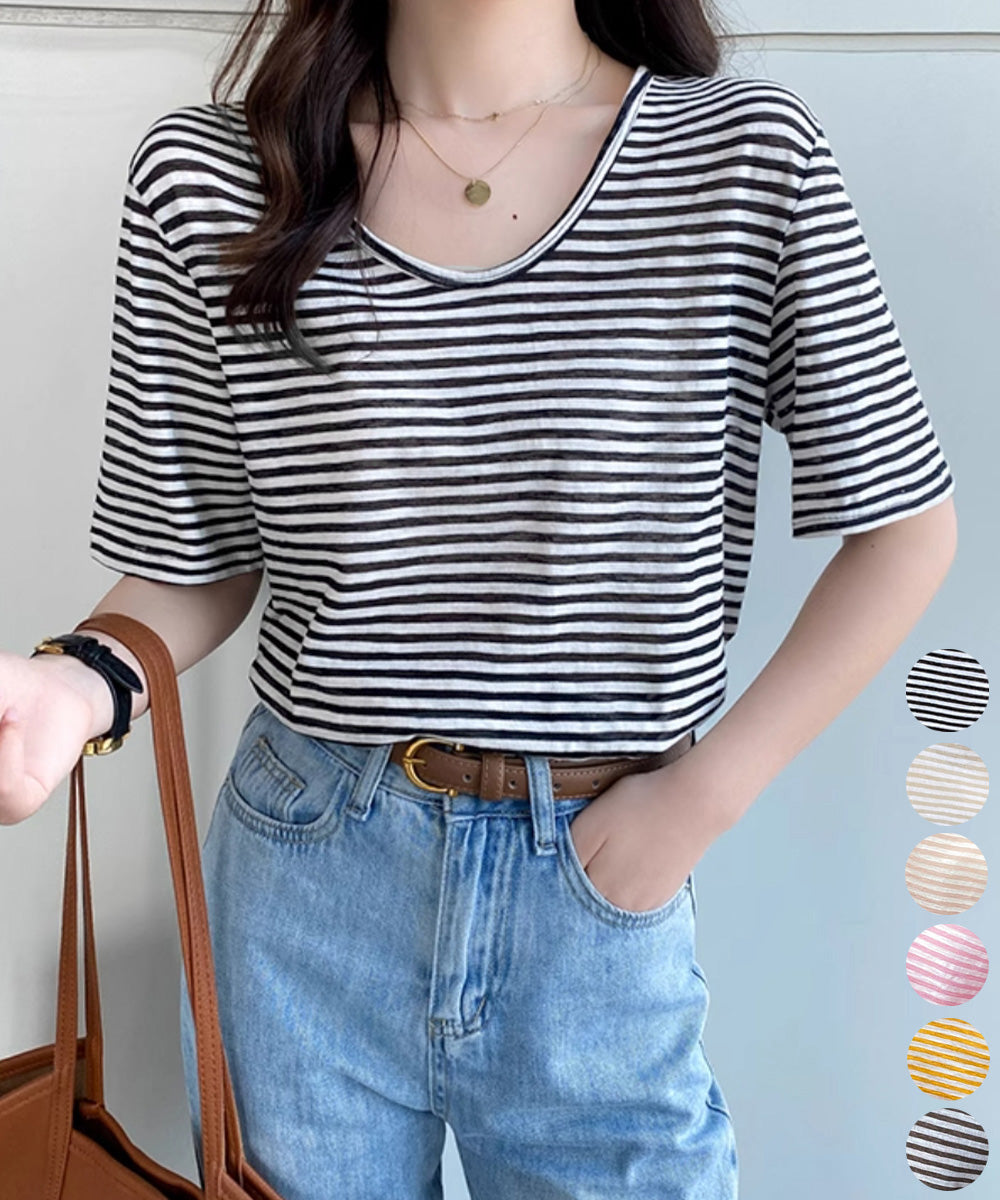 ボーダー柄Tシャツ Vネックカットソー夏 詳細画像1
