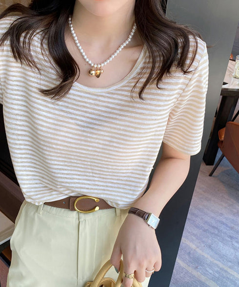 ボーダー柄Tシャツ Vネックカットソー夏 レディース 冷感タッチ 半袖トップス韓国風 大人カジュアルtシャツ 大人可愛い プルオーバー 涼やか 着回し夏服きれいめ 80XJIAO-001