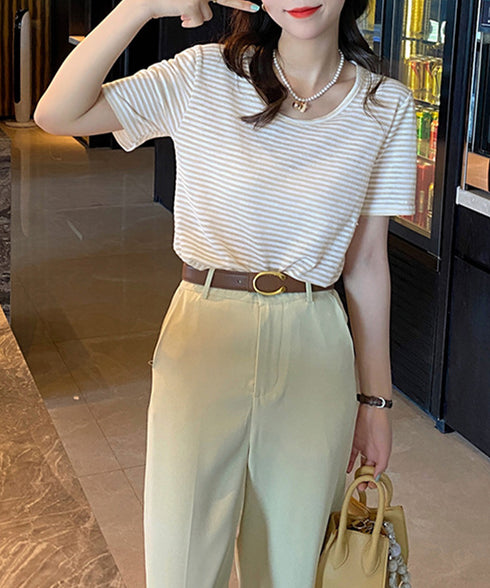 ボーダー柄Tシャツ Vネックカットソー夏 レディース 冷感タッチ 半袖トップス韓国風 大人カジュアルtシャツ 大人可愛い プルオーバー 涼やか 着回し夏服きれいめ 80XJIAO-001