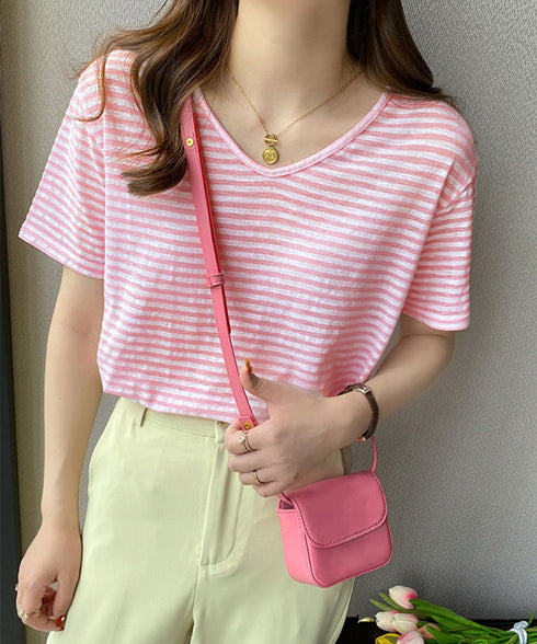 ボーダー柄Tシャツ Vネックカットソー夏 レディース 冷感タッチ 半袖トップス韓国風 大人カジュアルtシャツ 大人可愛い プルオーバー 涼やか 着回し夏服きれいめ 80XJIAO-001