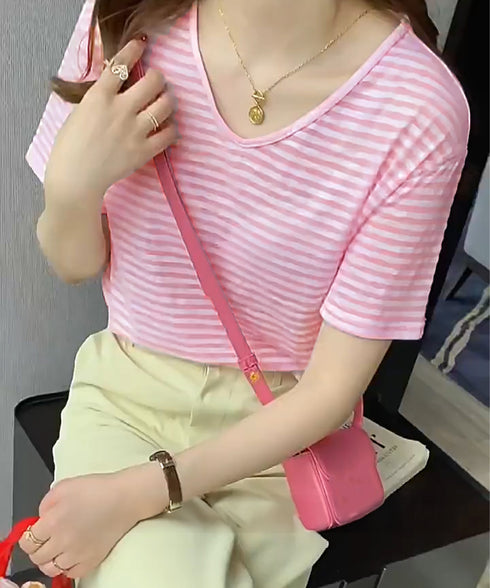 ボーダー柄Tシャツ Vネックカットソー夏 レディース 冷感タッチ 半袖トップス韓国風 大人カジュアルtシャツ 大人可愛い プルオーバー 涼やか 着回し夏服きれいめ 80XJIAO-001
