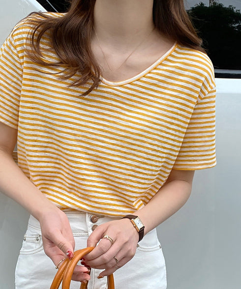 ボーダー柄Tシャツ Vネックカットソー夏 レディース 冷感タッチ 半袖トップス韓国風 大人カジュアルtシャツ 大人可愛い プルオーバー 涼やか 着回し夏服きれいめ 80XJIAO-001