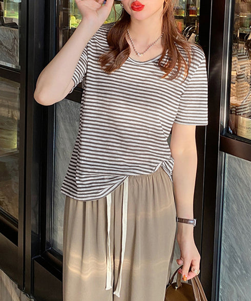 ボーダー柄Tシャツ Vネックカットソー夏 レディース 冷感タッチ 半袖トップス韓国風 大人カジュアルtシャツ 大人可愛い プルオーバー 涼やか 着回し夏服きれいめ 80XJIAO-001