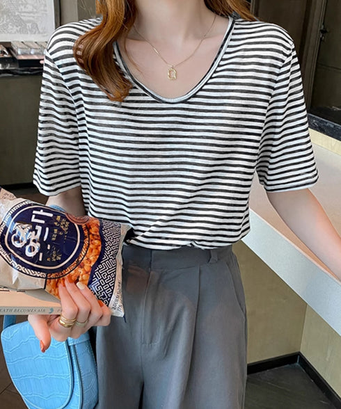 ボーダー柄Tシャツ Vネックカットソー夏 レディース 冷感タッチ 半袖トップス韓国風 大人カジュアルtシャツ 大人可愛い プルオーバー 涼やか 着回し夏服きれいめ 80XJIAO-001