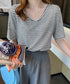 ボーダー柄Tシャツ Vネックカットソー夏 レディース 冷感タッチ 半袖トップス韓国風 大人カジュアルtシャツ 大人可愛い プルオーバー 涼やか 着回し夏服きれいめ 80XJIAO-001