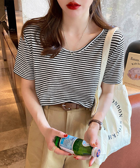 ボーダー柄Tシャツ Vネックカットソー夏 レディース 冷感タッチ 半袖トップス韓国風 大人カジュアルtシャツ 大人可愛い プルオーバー 涼やか 着回し夏服きれいめ 80XJIAO-001