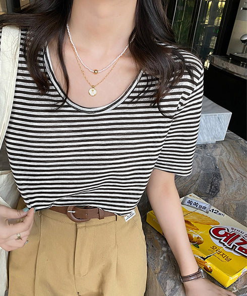 ボーダー柄Tシャツ Vネックカットソー夏 レディース 冷感タッチ 半袖トップス韓国風 大人カジュアルtシャツ 大人可愛い プルオーバー 涼やか 着回し夏服きれいめ 80XJIAO-001