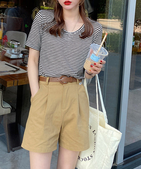 ボーダー柄Tシャツ Vネックカットソー夏 レディース 冷感タッチ 半袖トップス韓国風 大人カジュアルtシャツ 大人可愛い プルオーバー 涼やか 着回し夏服きれいめ 80XJIAO-001