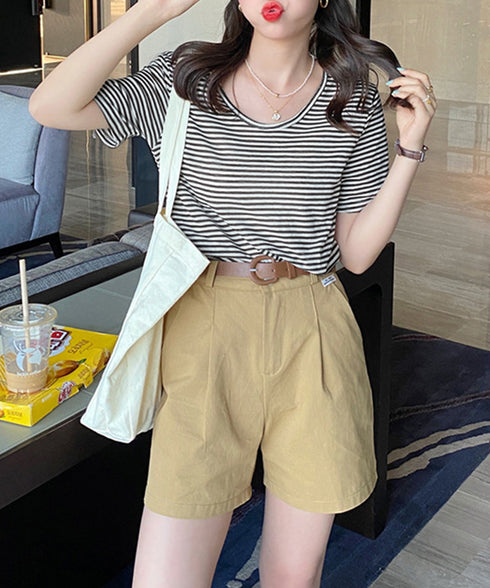 ボーダー柄Tシャツ Vネックカットソー夏 レディース 冷感タッチ 半袖トップス韓国風 大人カジュアルtシャツ 大人可愛い プルオーバー 涼やか 着回し夏服きれいめ 80XJIAO-001