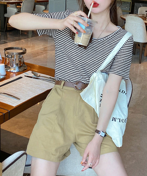 ボーダー柄Tシャツ Vネックカットソー夏 レディース 冷感タッチ 半袖トップス韓国風 大人カジュアルtシャツ 大人可愛い プルオーバー 涼やか 着回し夏服きれいめ 80XJIAO-001