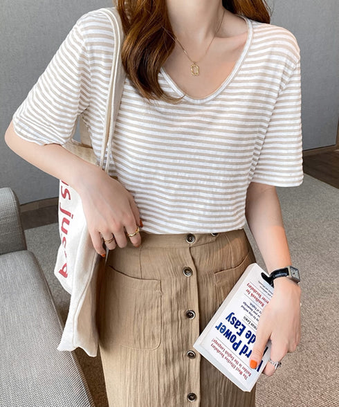 ボーダー柄Tシャツ Vネックカットソー夏 レディース 冷感タッチ 半袖トップス韓国風 大人カジュアルtシャツ 大人可愛い プルオーバー 涼やか 着回し夏服きれいめ 80XJIAO-001