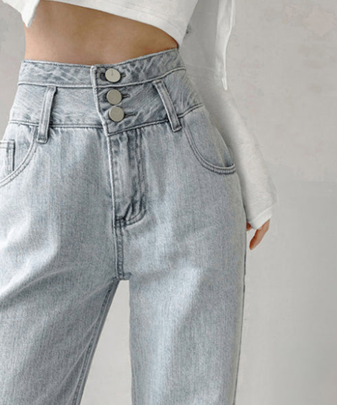 ハイウエスト デニムパンツ レディース 美脚ストレートパンツ 着やせ セミワイドパンツ ボタン付き ジーパン 高く見え ロングズボン オシャレ カジュアルパンツ 80YFG-001