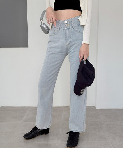 ハイウエスト デニムパンツ レディース 美脚ストレートパンツ 着やせ セミワイドパンツ ボタン付き ジーパン ロングズボン オシャレ カジュアルパンツ 80YFG-001