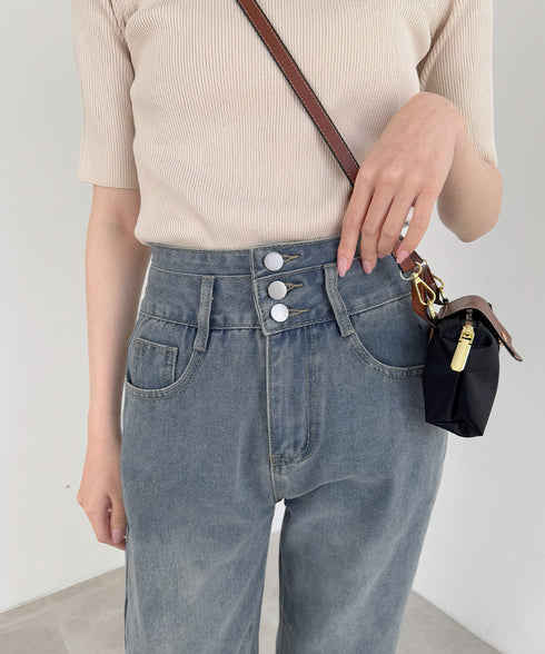 ハイウエスト デニムパンツ レディース 美脚ストレートパンツ 着やせ セミワイドパンツ ボタン付き ジーパン ロングズボン オシャレ カジュアルパンツ 80YFG-001