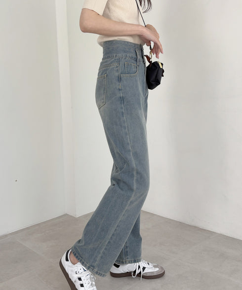 ハイウエスト デニムパンツ レディース 美脚ストレートパンツ 着やせ セミワイドパンツ ボタン付き ジーパン ロングズボン オシャレ カジュアルパンツ 80YFG-001