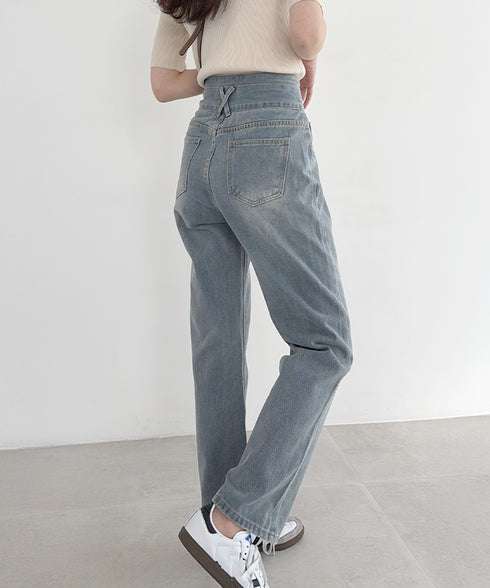 ハイウエスト デニムパンツ レディース 美脚ストレートパンツ 着やせ セミワイドパンツ ボタン付き ジーパン ロングズボン オシャレ カジュアルパンツ 80YFG-001