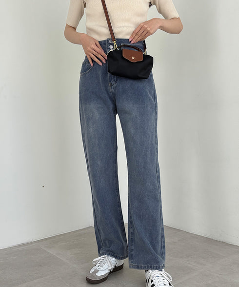 ハイウエスト デニムパンツ レディース 美脚ストレートパンツ 着やせ セミワイドパンツ ボタン付き ジーパン ロングズボン オシャレ カジュアルパンツ 80YFG-001