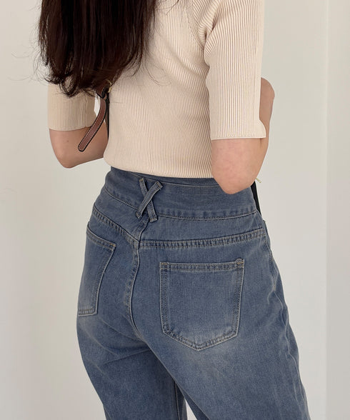 ハイウエスト デニムパンツ レディース 美脚ストレートパンツ 着やせ セミワイドパンツ ボタン付き ジーパン ロングズボン オシャレ カジュアルパンツ 80YFG-001