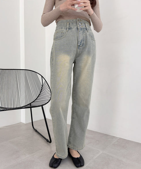 ハイウエスト デニムパンツ レディース 美脚ストレートパンツ 着やせ セミワイドパンツ ボタン付き ジーパン ロングズボン オシャレ カジュアルパンツ 80YFG-001