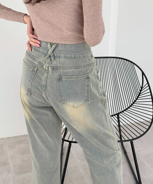 ハイウエスト デニムパンツ レディース 美脚ストレートパンツ 着やせ セミワイドパンツ ボタン付き ジーパン ロングズボン オシャレ カジュアルパンツ 80YFG-001