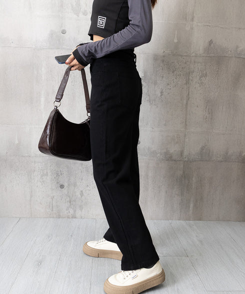 ハイウエスト デニムパンツ レディース 美脚ストレートパンツ 着やせ セミワイドパンツ ボタン付き ジーパン ロングズボン オシャレ カジュアルパンツ 80YFG-001