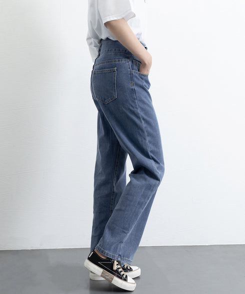 ハイウエスト デニムパンツ レディース 美脚ストレートパンツ 着やせ セミワイドパンツ ボタン付き ジーパン ロングズボン オシャレ カジュアルパンツ 80YFG-001