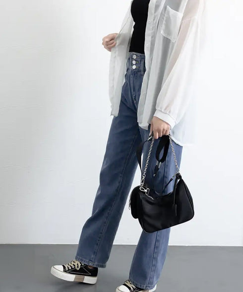 ハイウエスト デニムパンツ レディース 美脚ストレートパンツ 着やせ セミワイドパンツ ボタン付き ジーパン ロングズボン オシャレ カジュアルパンツ 80YFG-001