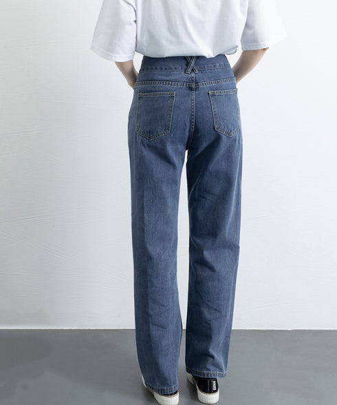 ハイウエスト デニムパンツ レディース 美脚ストレートパンツ 着やせ セミワイドパンツ ボタン付き ジーパン ロングズボン オシャレ カジュアルパンツ 80YFG-001