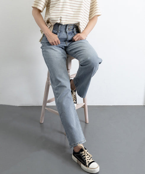 ハイウエスト デニムパンツ レディース 美脚ストレートパンツ 着やせ セミワイドパンツ ボタン付き ジーパン ロングズボン オシャレ カジュアルパンツ 80YFG-001