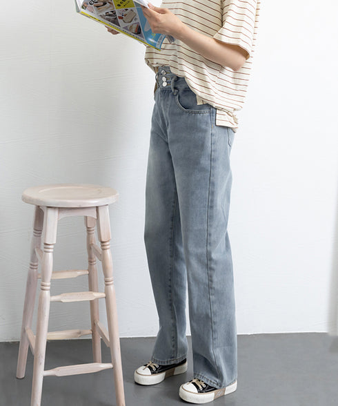 ハイウエスト デニムパンツ レディース 美脚ストレートパンツ 着やせ セミワイドパンツ ボタン付き ジーパン ロングズボン オシャレ カジュアルパンツ 80YFG-001