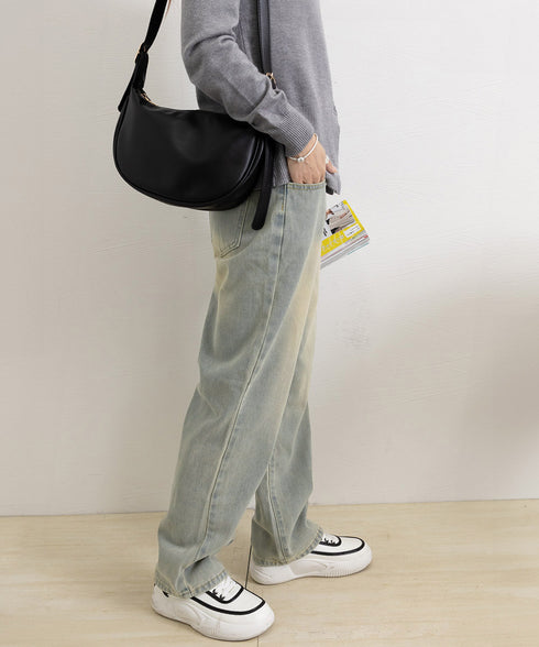 ハイウエスト デニムパンツ レディース 美脚ストレートパンツ 着やせ セミワイドパンツ ボタン付き ジーパン ロングズボン オシャレ カジュアルパンツ 80YFG-001