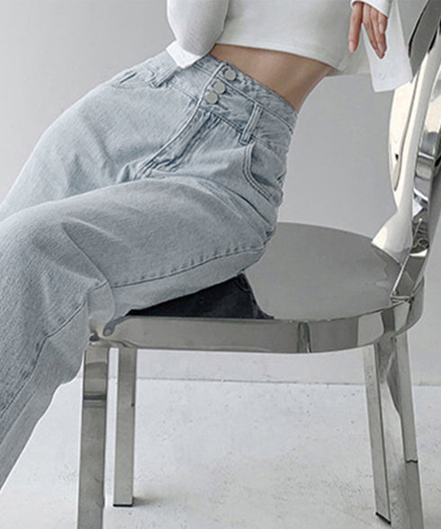 ハイウエスト デニムパンツ レディース 美脚ストレートパンツ 着やせ セミワイドパンツ ボタン付き ジーパン 高く見え ロングズボン オシャレ カジュアルパンツ 80YFG-001