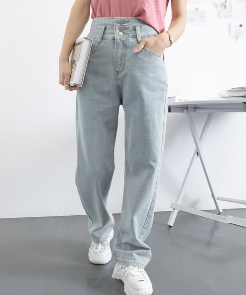 ハイウエスト デニムパンツ レディース 美脚ストレートパンツ 着やせ セミワイドパンツ ボタン付き ジーパン ロングズボン オシャレ カジュアルパンツ 80YFG-001