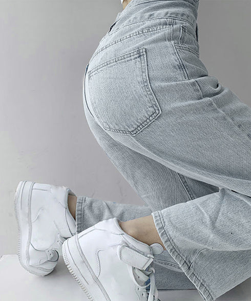 ハイウエスト デニムパンツ レディース 美脚ストレートパンツ 着やせ セミワイドパンツ ボタン付き ジーパン 高く見え ロングズボン オシャレ カジュアルパンツ 80YFG-001