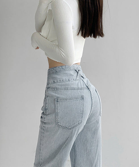 ハイウエスト デニムパンツ レディース 美脚ストレートパンツ 着やせ セミワイドパンツ ボタン付き ジーパン ロングズボン オシャレ カジュアルパンツ 80YFG-001