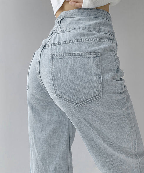 ハイウエスト デニムパンツ レディース 美脚ストレートパンツ 着やせ セミワイドパンツ ボタン付き ジーパン ロングズボン オシャレ カジュアルパンツ 80YFG-001