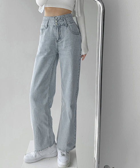 ハイウエスト デニムパンツ レディース 美脚ストレートパンツ 着やせ セミワイドパンツ ボタン付き ジーパン ロングズボン オシャレ カジュアルパンツ 80YFG-001