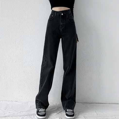 ストレートデニム ウエストレイヤード風 デニムパンツ レディース 美脚 ハイウエスト ジーンズ セミワイド ジーパン クロスウエストオルチャン 韓国 定番デニム 80YFG-003