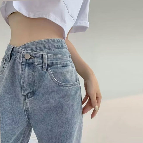 ストレートデニム ウエストレイヤード風 デニムパンツ レディース 美脚 ハイウエスト ジーンズ セミワイド ジーパン クロスウエストオルチャン 韓国 定番デニム 80YFG-003
